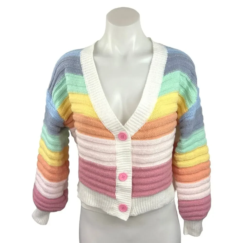 Womens Rainbow Striped Color Block Button Long Sleeve Cardigan Sweater Top Sz M